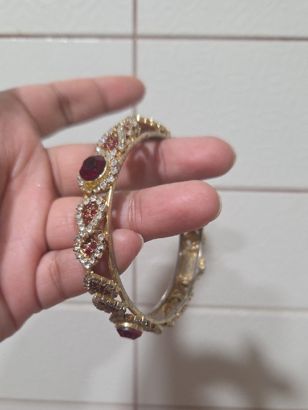 Gold-Tone Red Crystal Floral Bangle Bracelet